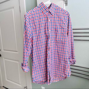J. Hilburn reddish/orange and blue check men’s dress shirt